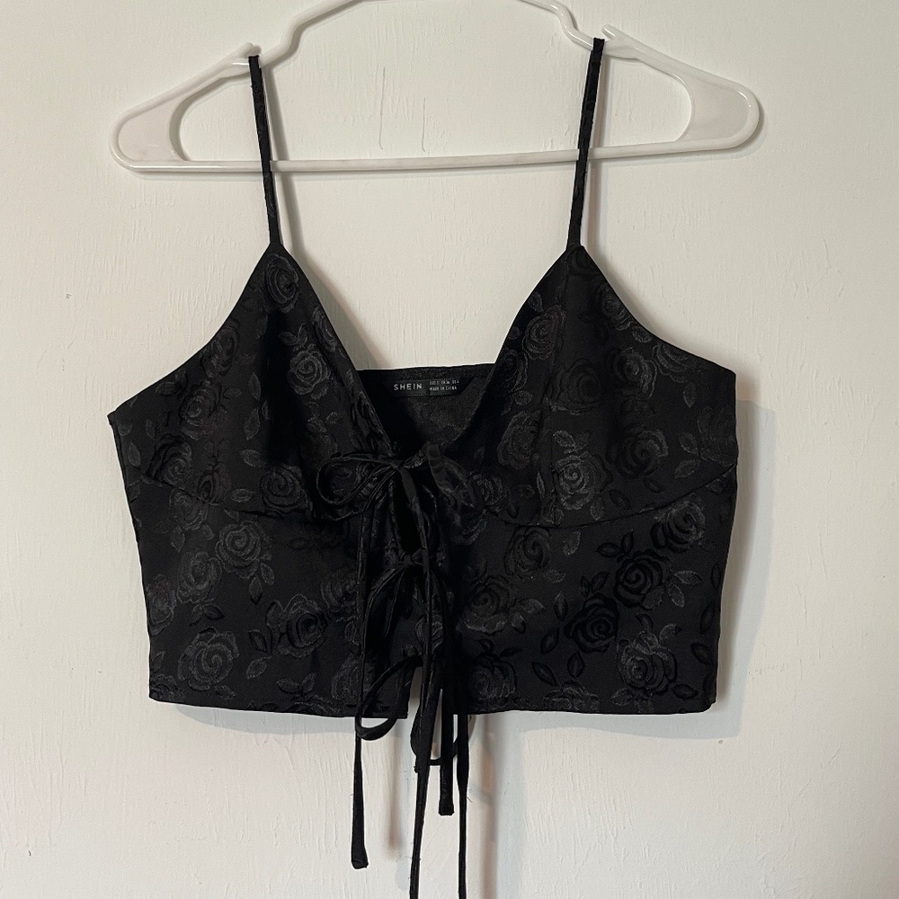 SHEIN Black Rose Jacquard Lace-Up Crop Top Size S